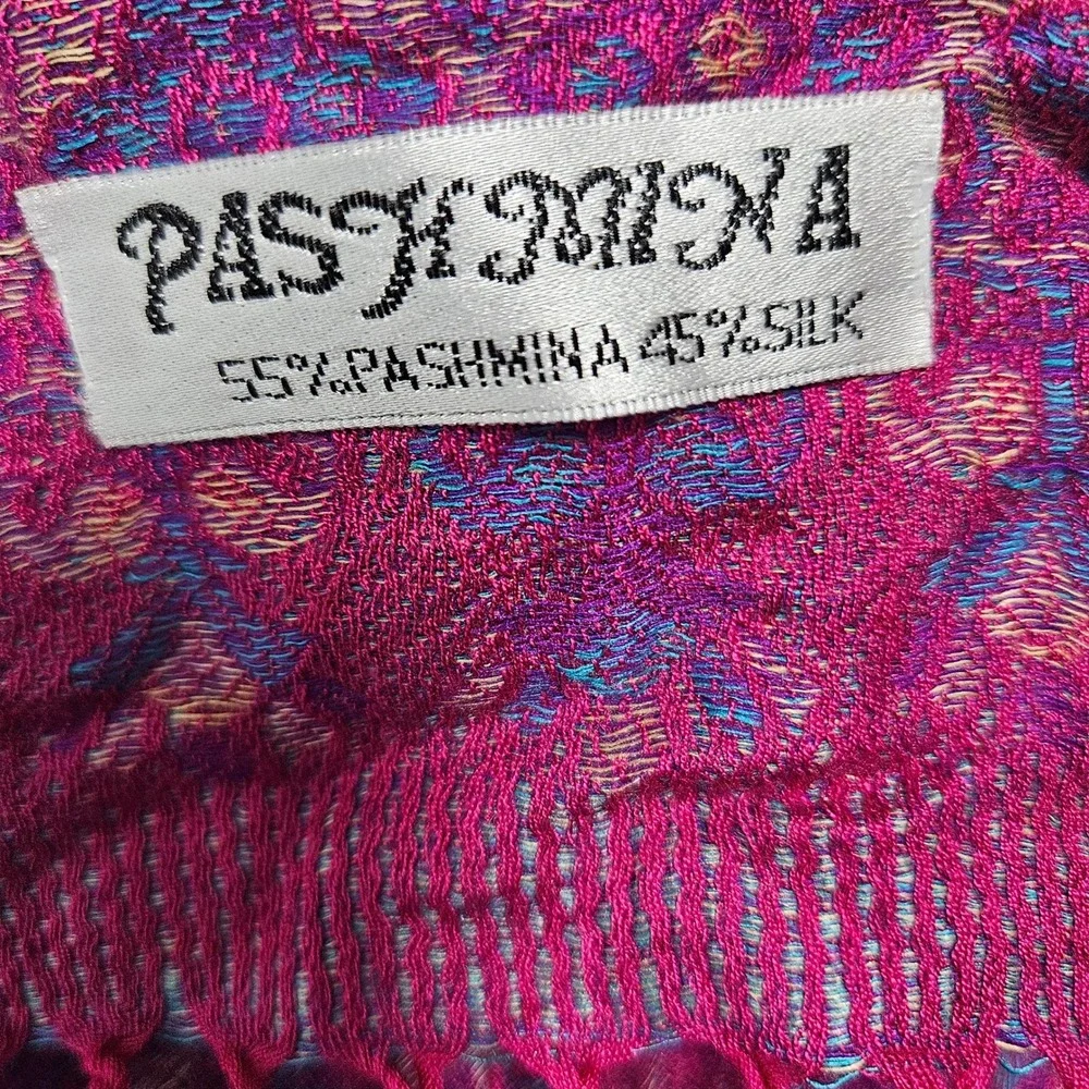Pashmina Silk Blend Paisley Scarf Magenta Pink Purple Metallic Fringe Wrap